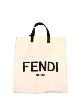 Fendi Roma Canvas Tote Bag With Black Leather Handles And Tag Made In Italy